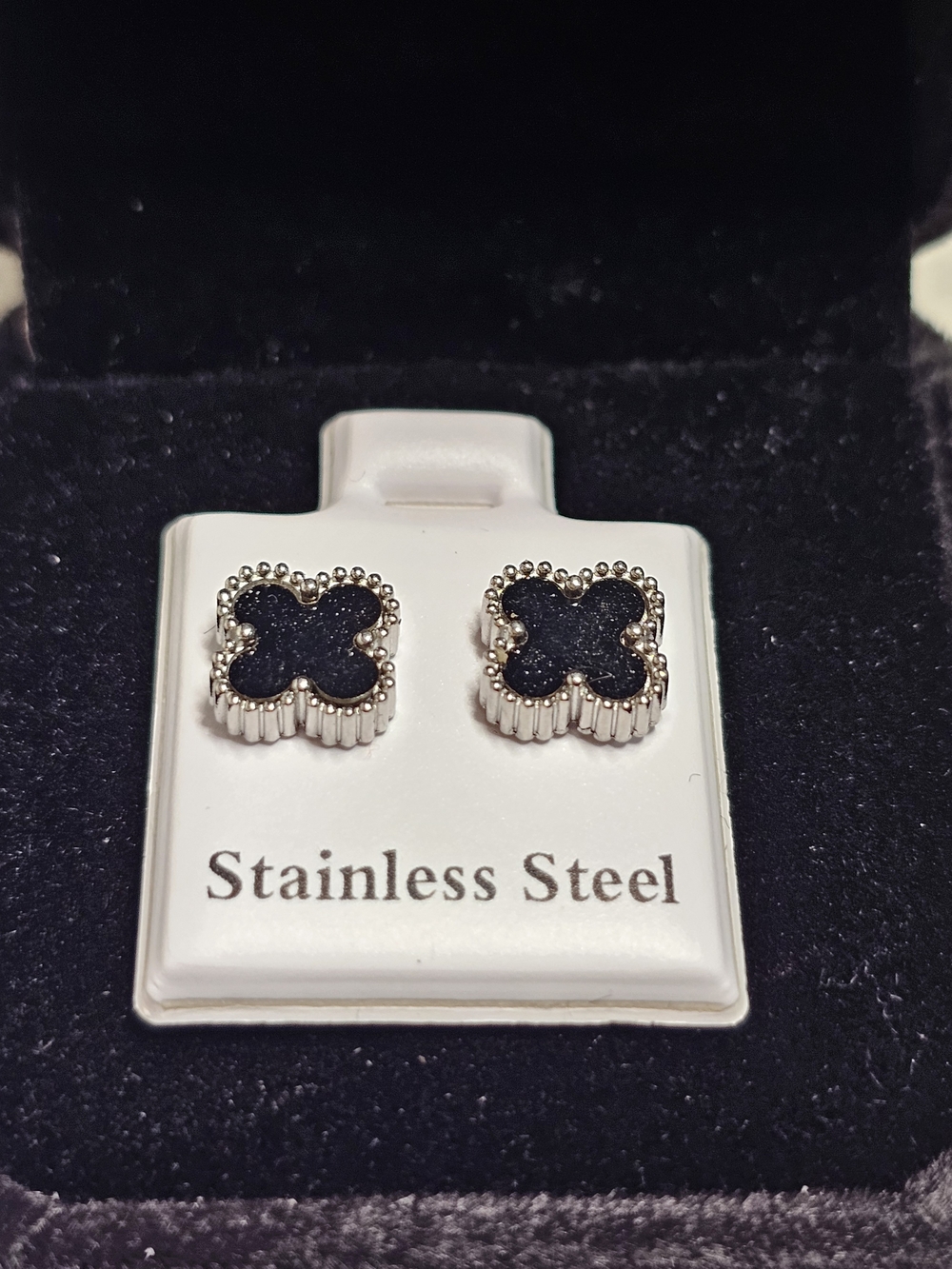 Stainless Steel Black Clover Stud Earrings